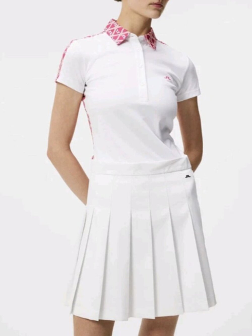 J. LINDEBERG Cara Polo White Pink Shirt Cap Sleeves Geometric Print Size L NWOT